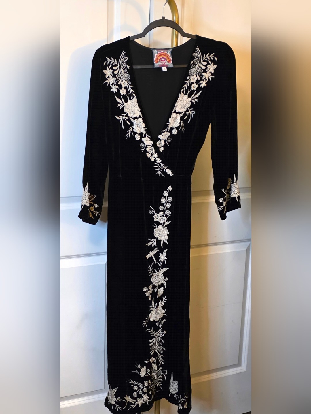 Johnny Was Black Velvet Wrap Dress With Cream Floral Embroidery
